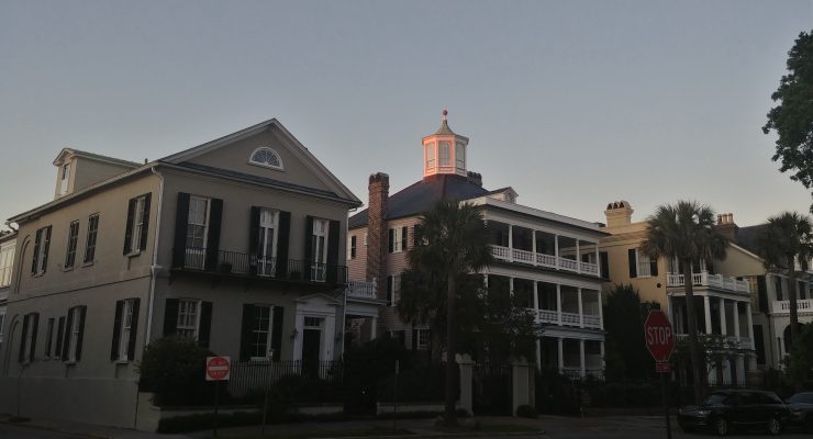 The final rays of the day's sun touching the top of the Col. John Ashe house on South Battery. Located across the street from White Point Garden, this house has seen a lot -- including the start of the Civil War and the hanging of pirates in the park.
