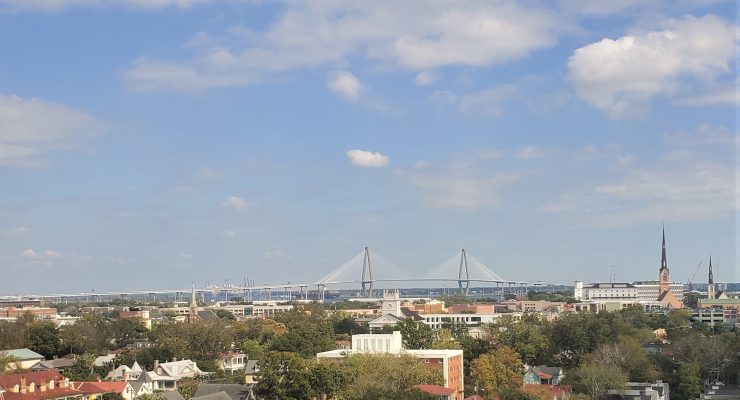 A bird's-eye view across the Charleston peninsula to the Cooper River Bridge (aka the Ravenel Bridge). The third longest cable-stayed bridge in the western hemisphere, the bridge is a pleasure to drive, walk, bike or run across.