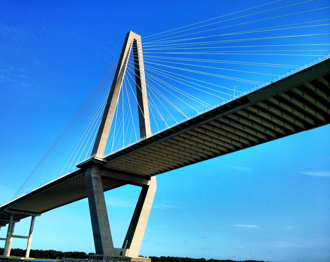 One of the towers of the Ravenel or Cooper River Bridge as seen from the water