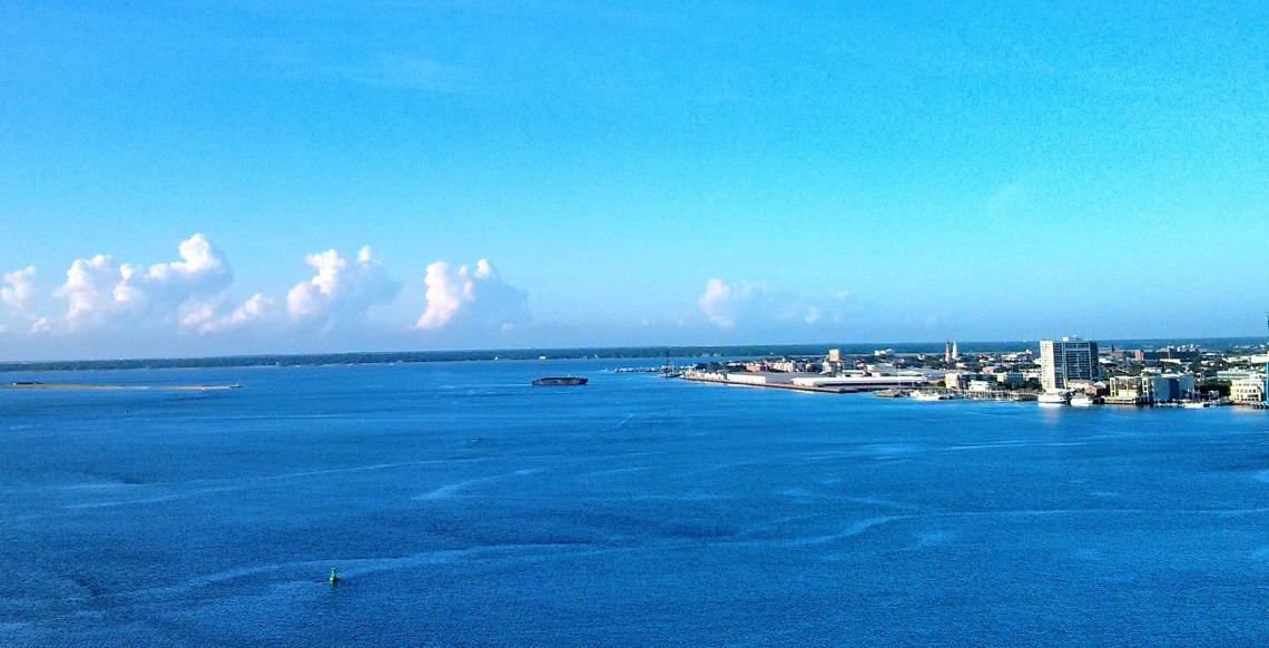 A glorious view of Charleston Harbor and the Charleston peninsula from the Ravenel/Cooper River Bridge