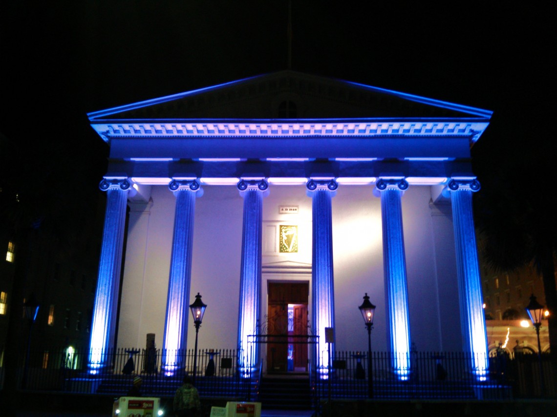 Hibernian Hall in Charleston, SC lit beautifully for a special event