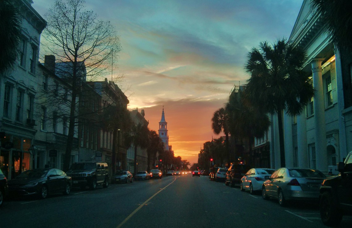 A spectacular sunset framed by Broad Street in Charleston, SC
