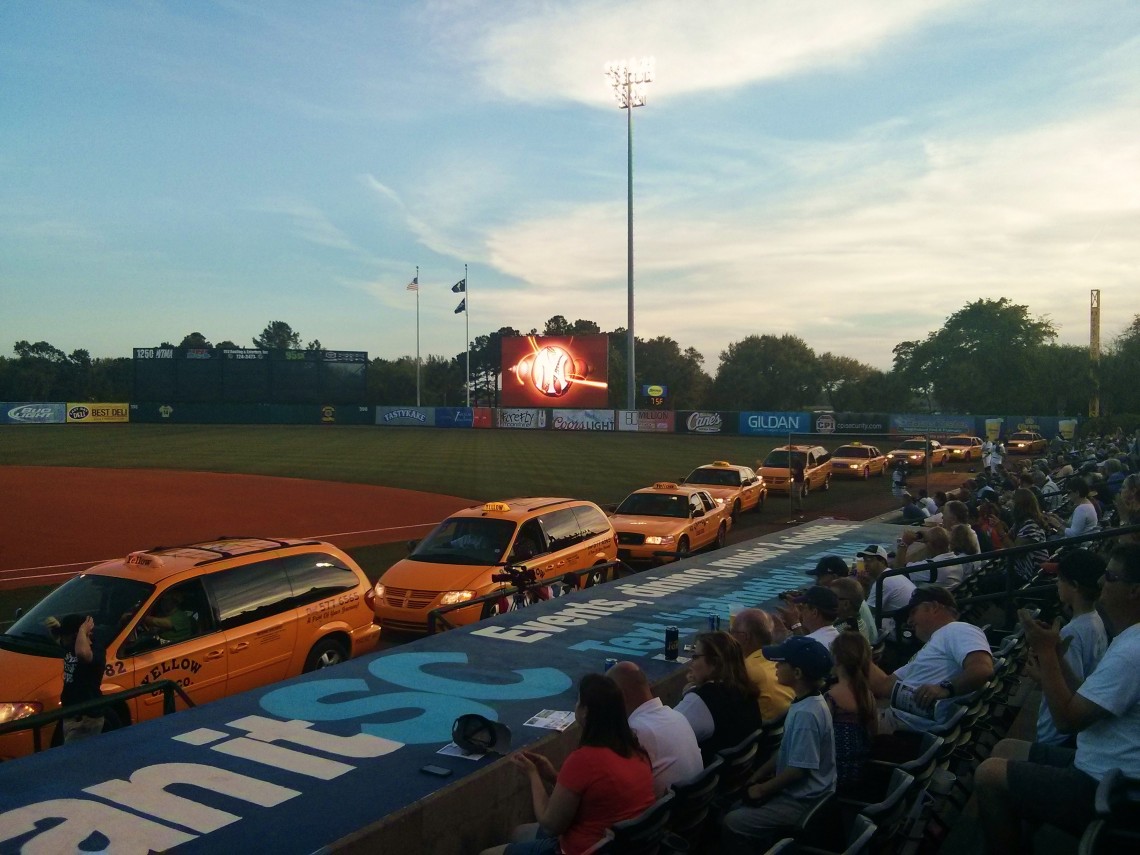 The Charleston RiverDogs, the NY Yankees Class A minor league team, arrive for player introductions for the season opener by Yellow Cab!