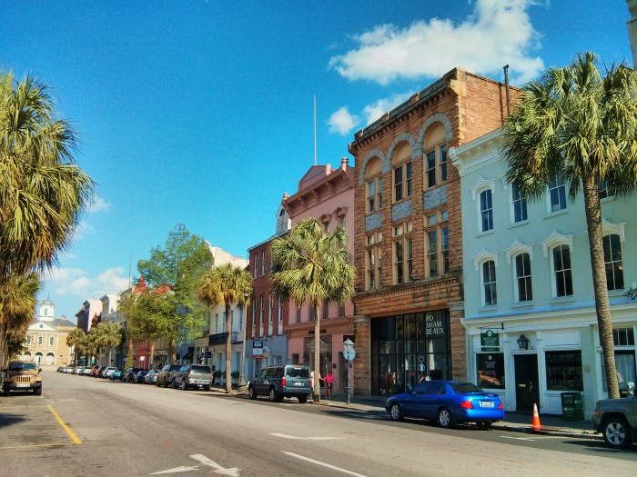 The south side of Broad Street in Charleston, SC... anchored by the Old Exchange Building.