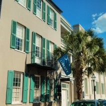 One of the most significant flags in American history is the "Moultrie Flag," which flew over Fort Moultrie during the American Revolution. Here it is on a Charleston street.