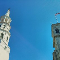 The steeple and tower represent two of the famous Four Corners of Law in Charleston, SC -- God's and Federal.