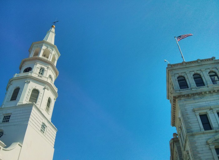 The steeple and tower represent two of the famous Four Corners of Law in Charleston, SC -- God's and Federal.