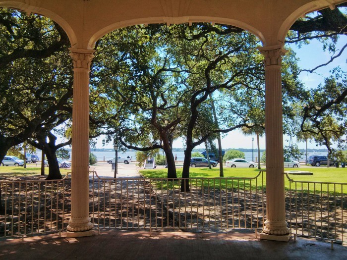 The view from the Williams Music Pavilion in White Point Garden in Charleston SC has a wonderful view of the Ashley River through beautiful live oak trees.