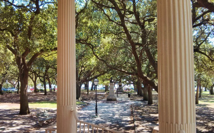 A beautiful view from the music pavilion in White Point Garden at the tip of the Charleston peninsula. The statue in the foreground is to honor William Gilmore Simms, a poet, novelist, and historian who lived in the early/mid 1800