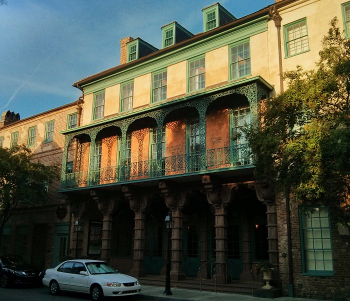 The early Charleston, SC morning sun hitting the upper portions of the Dock Street Theatre (America's 1st theater) on Church Street.