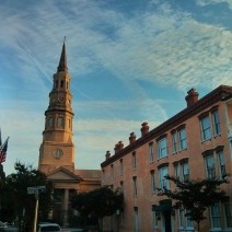 The steeple of St. Philip's Church in Charleston, SC, glows in the early morning sun.