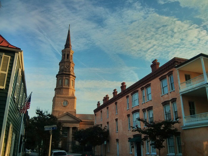 The steeple of St. Philip's Church in Charleston, SC, glows in the early morning sun.