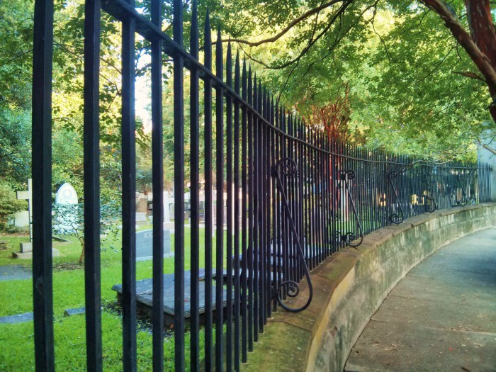 There aren't too many curves in downtown Charleston, SC streets. This one, on Church Street, is bordered by a beautiful iron fence fronting St. Philip's graveyard.