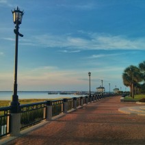 The early morning sun casts long shadows in Waterfront Park in Charleston, SC.