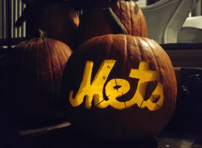 A Jack O'Lantern on a Charleston porch makes it clear which team is going to win the World Series.