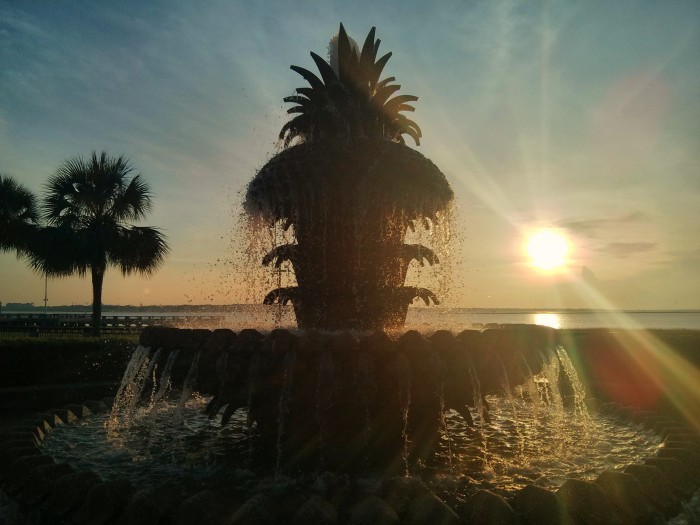 The famed Pineapple Fountain in Charleston, SC welcomes the rising sun.