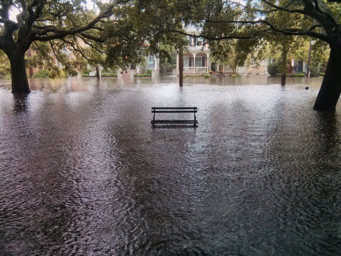 A lonely bench in Cannon Park in Charleston, SC, surrounded by water from the torrential rains and high tides.