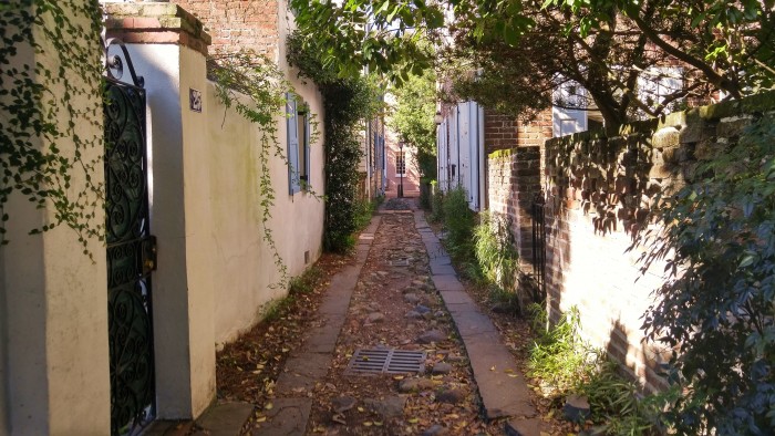 Charleston, SC is full of very cool alleys and cut-throughs. Longitude Lane, connecting East Bay and Church Streets is a very old cobbled one.