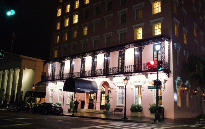 The Mills House hotel in Charleston, SC is beautiful at any time of the day, but especially at night. It is also has some of the most impressive cast ironwork in the city.