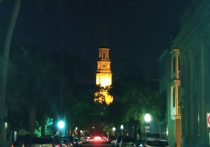 St. Philip's steeple glows in the Charleston, SC evening.
