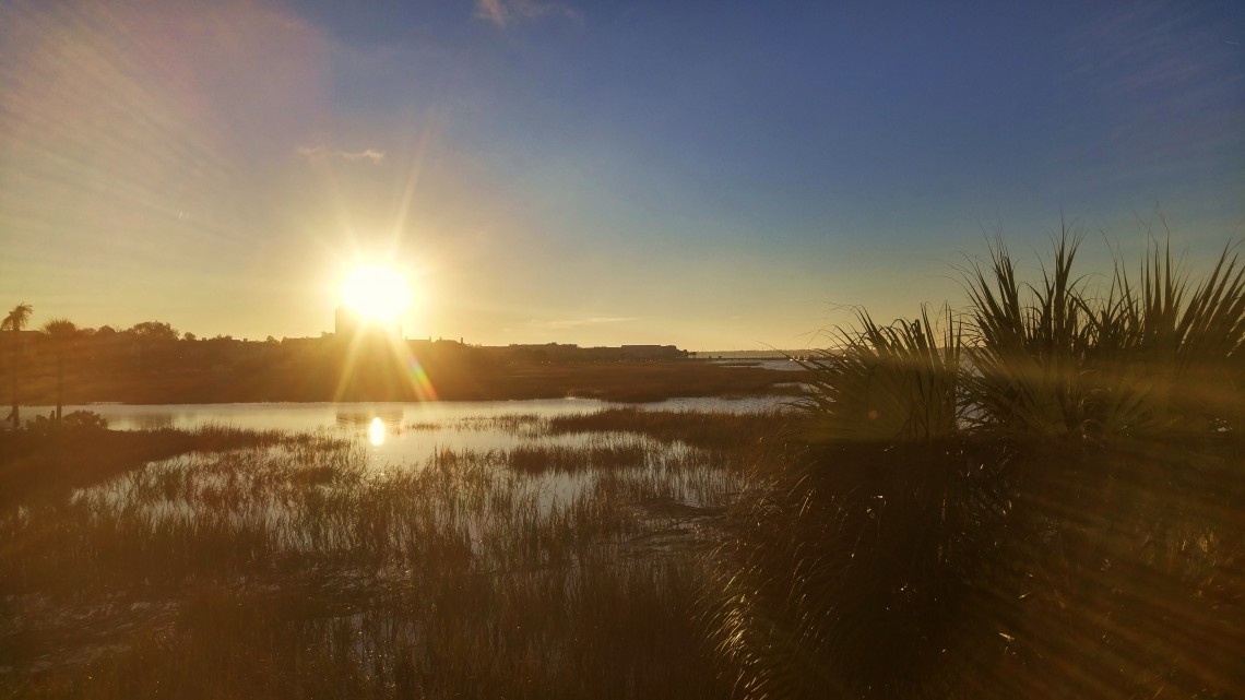 The sun rising over the Charleston peninsula.