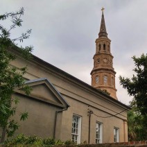 An unusual view of St. Philip's Church in Charleston, SC, from Philadelphia Alley.