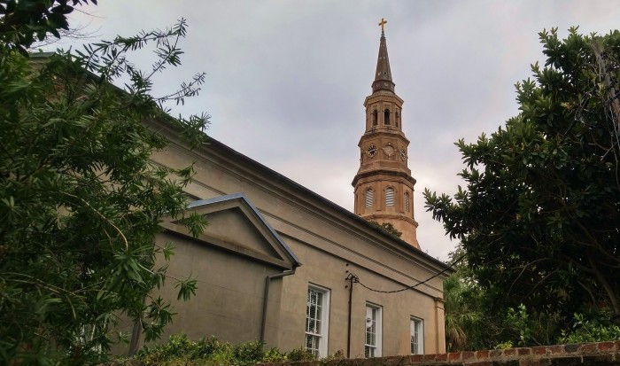 An unusual view of St. Philip's Church in Charleston, SC, from Philadelphia Alley.