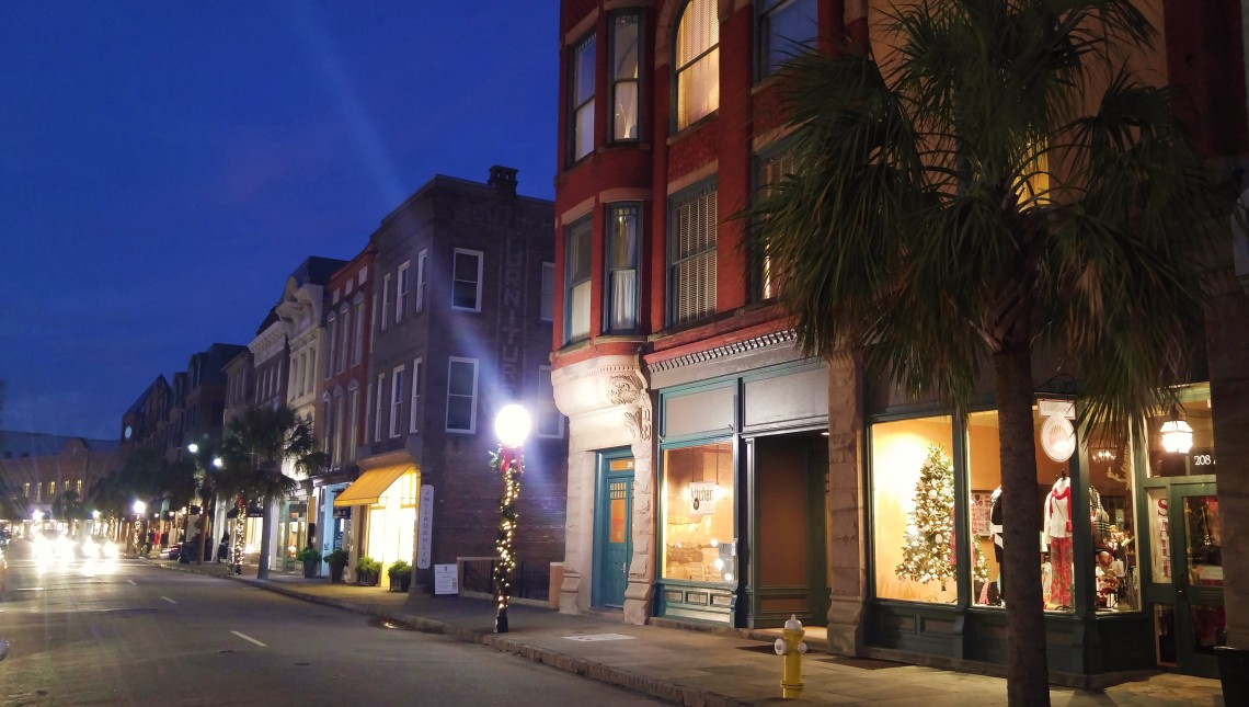 King Street in Charleston, SC on a holiday evening.