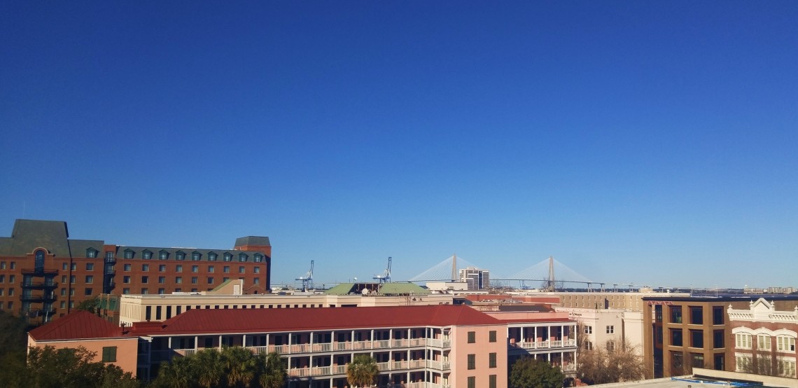 The skyline of Charleston, SC has a very low profile, which allows for long panoramic views -- including the beautiful Ravenel (Cooper River) Bridge.