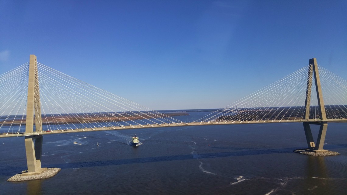 An aerial view of the Ravenel (Cooper River Bridge) in Charleston, SC. Wow.