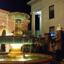 This beautiful fountain, located in the courtyard of the Mills House hotel in Charleston, SC, is surrounded by much other beauty... including Hibernian Hall.