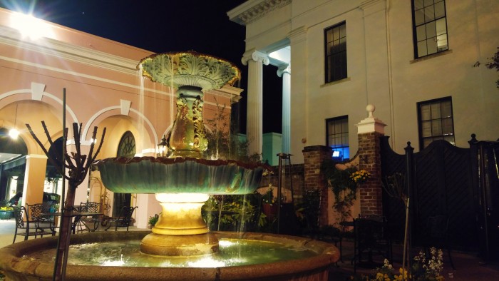 This beautiful fountain, located in the courtyard of the Mills House hotel in Charleston, SC, is surrounded by much other beauty... including Hibernian Hall.