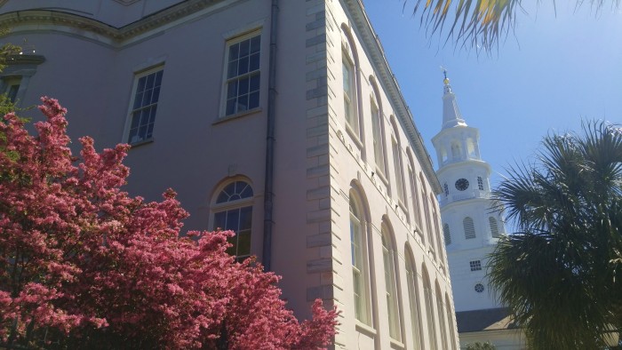 Spring in Charleston, SC is glorious. Here some fresh blossoms accent the architectural beauty of City Hall and St. Michael's Church