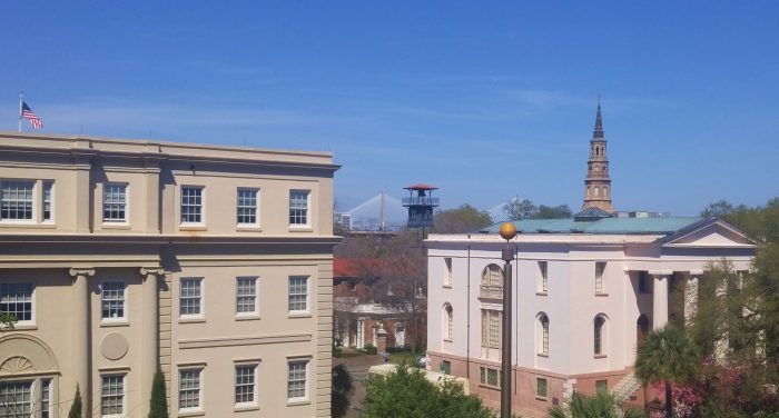 An unusual view of the Charleston, SC skyline, including St. Philip's Church, and old fire tower and THE bridge.