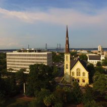 A fantastic view in Charleston of the Citadel Square Baptist Church, the Mother Emanuel AME Church, the Ravenel (Cooper River) Bridge and The Dewberry hotel (in the former L. Mendel Rivers Federal Building).