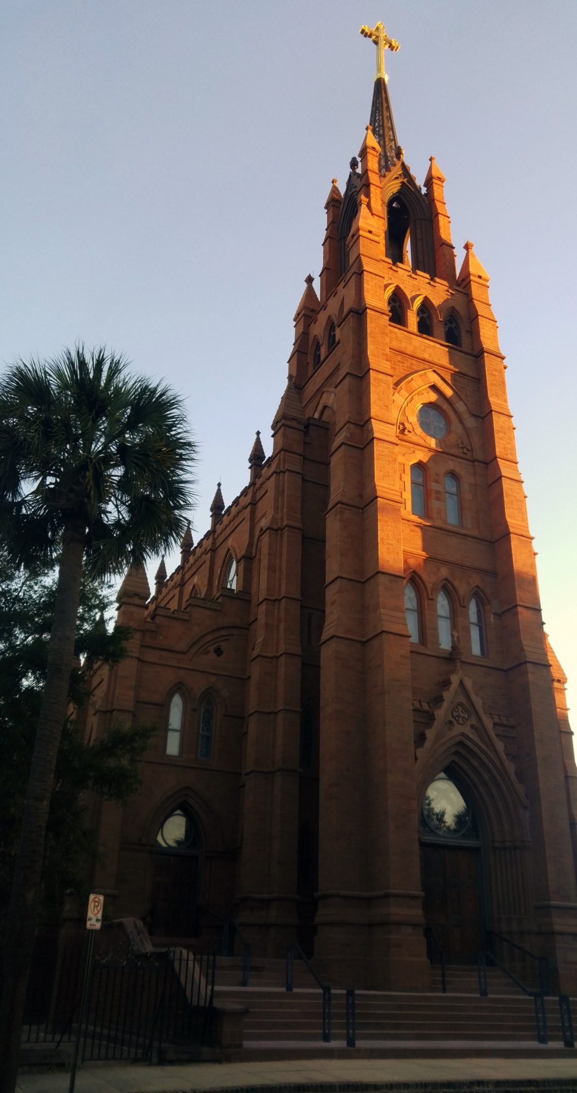 The early morning sun hitting the steeple of the Cathedral of St. John the Baptist on Broad Street in Charleston.