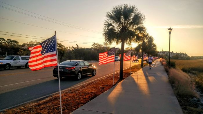 A beautiful display of over 100 flags to honor the nation's veterans along Lockwood Boulevard in Charleston, SC.