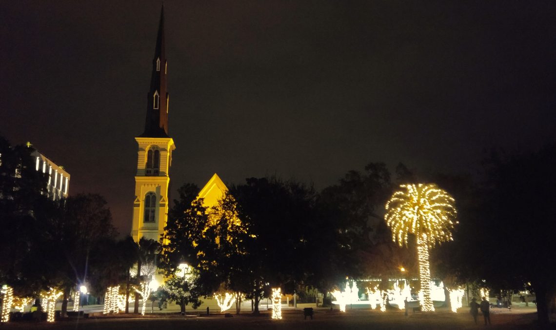 Marion Square is awash with lights during the holiday season. With a backdrop of buildings like the Citadel Square Baptist Church, it is even more spectacular.