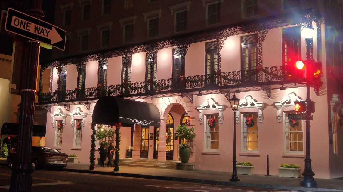 The Mills House Hotel is dressed up for the holidays. A beautiful scene during the day or night.