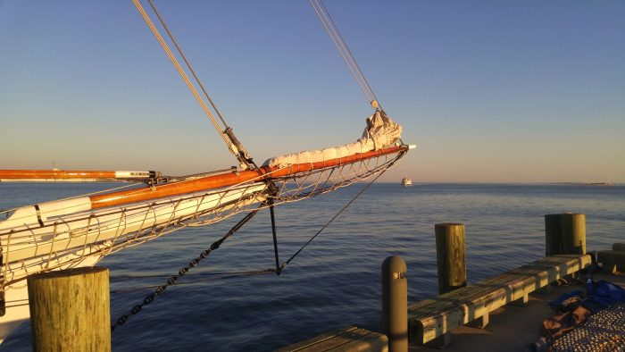 A beautiful bowsprit on the Spirit of South Carolina, a fantastic handcrafted schooner which docks at the Charleston Maritime Center.