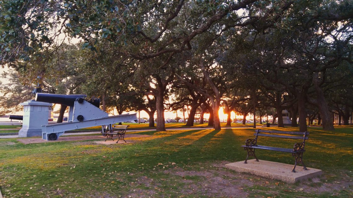 The sun setting through the Live Oak trees at White Point Garden. The cannons there are favorite items for kids of all ages to climb on.
