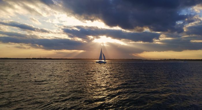 A catamaran heading for home at then end of the day on the Ashley River. What a spectacular view!