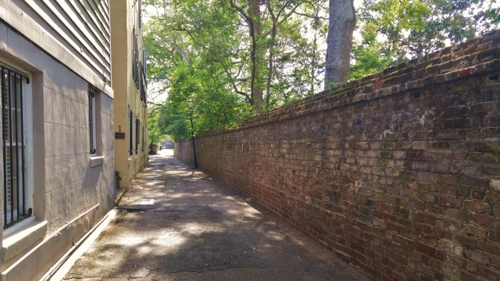 Price's Alley is one of the very cool Charleston alleys. On the other side of the brick wall is the spectacular Nathaniel Russell House, which is open to the public.