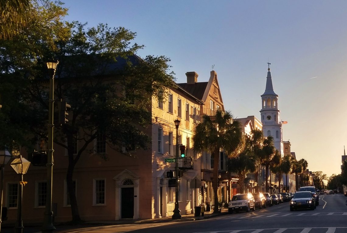 Charleston takes on a magical quality as the sun starts its downward arc. Here the south side of Broad Street, between Church and Meeting Streets, glows in the late afternoon light.