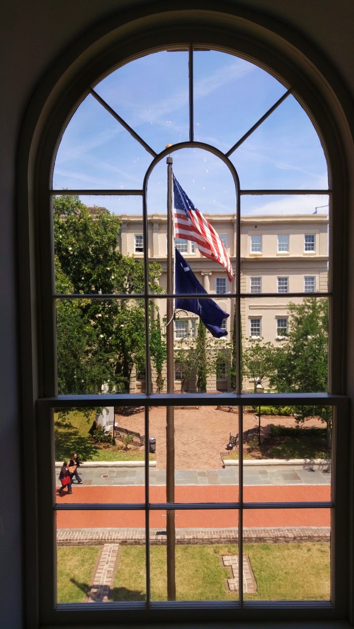 While the view would have changed over the years, you would have been able to look out this window in the historic Charleston County Courthouse way back in 1753, when the building was the provincial capitol for the colony of South Carolina. It is also one of the famous Four Corners of Law, at the intersection of Broad and Meeting Streets.