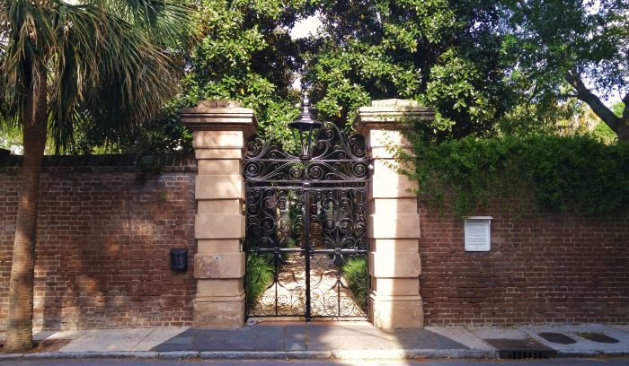 The striking Sword Gate on Legare Street is one of the most famous gates in Charleston. This gate actually has a twin, which was originally crafted to hang in a Charleston police station. The twin can now be found at the Citadel, the Military College of South Carolina.