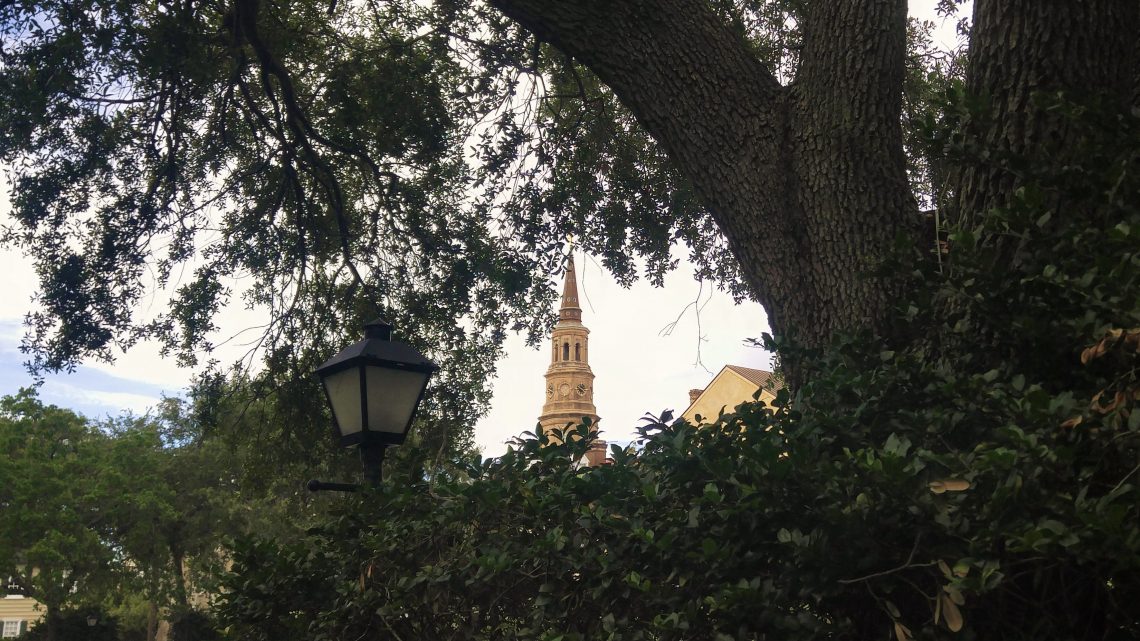 So Charleston. A lovely view of St. Philip's steeple, complete with gaslight. 