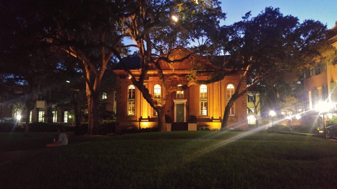 The gorgeous heart of the College of Charleston campus takes on a special glow at night.
