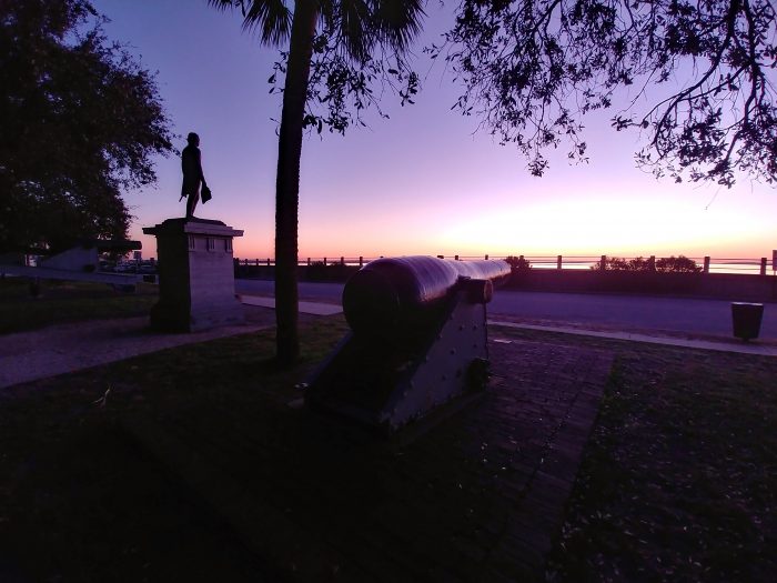 The statue honoring General William Moultrie, a hero of the Revolutionary War, has a spectacular view of the rising sun each morning in Charleston from its perch in White Point Garden.