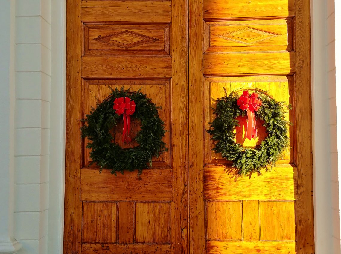 The beautiful doors of St. Michael's Church, decorated for Christmas.